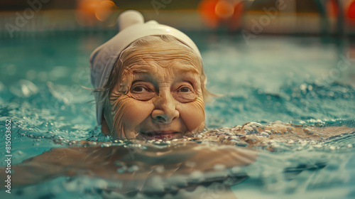 happy elderly lady is in the swimming pool