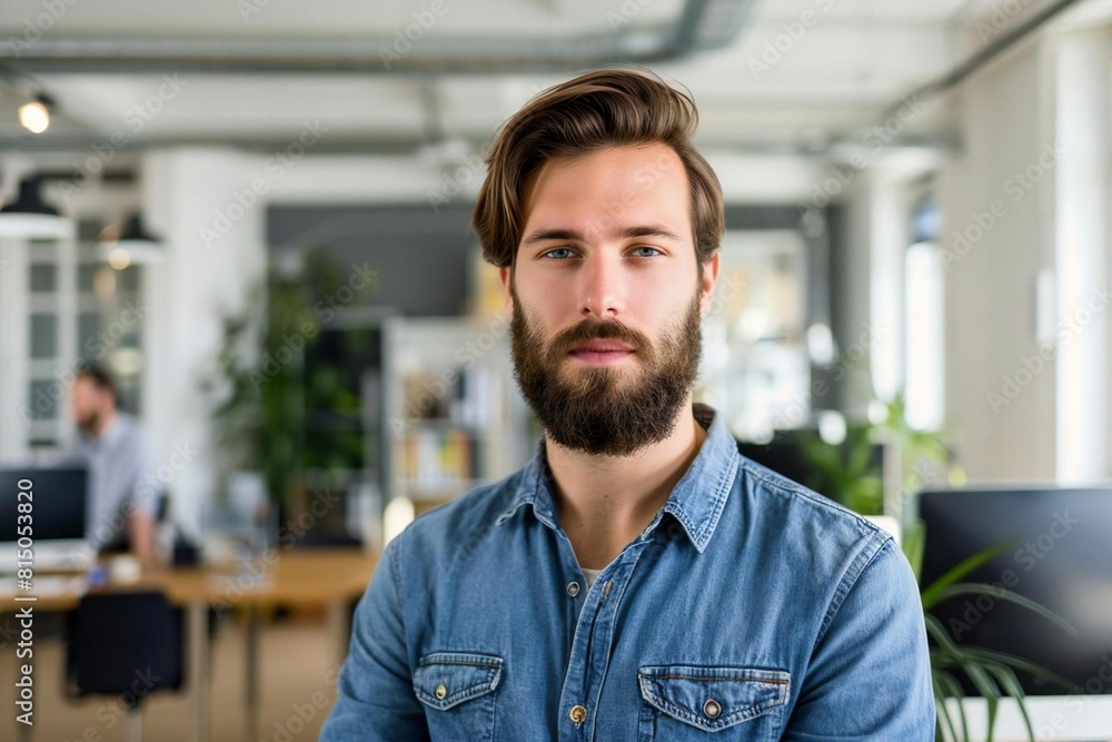 Young Caucasian Man with Beard in Modern Office Setting Young Caucasian Man with Beard in Modern Office Setting