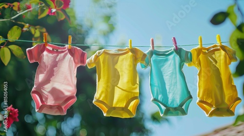 Drying  colorful  baby  clothes  hanging  clip  outdoors  4K  stock  photo