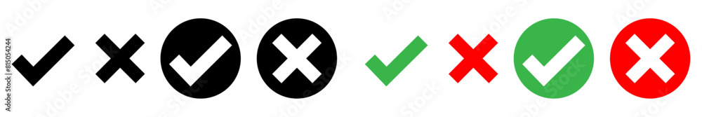 Green check mark, red cross mark icon set. Isolated tick symbols, checklist signs, approval badge. Vector illustration. Green check mark, red cross mark icon set. Isolated tick symbols, checklist signs, approval badge. Vector illustration.