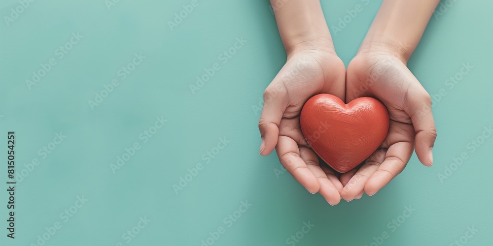 Hands are gently cradling a red heart shape, symbolizing love and care on a plain turquoise background Hands are gently cradling a red heart shape, symbolizing love and care on a plain turquoise background