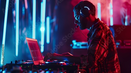 African American man in headphones mixing music at dj mixer controller in nightclub photo