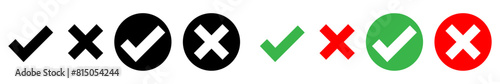 Green check mark, red cross mark icon set. Isolated tick symbols, checklist signs, approval badge. Vector illustration.