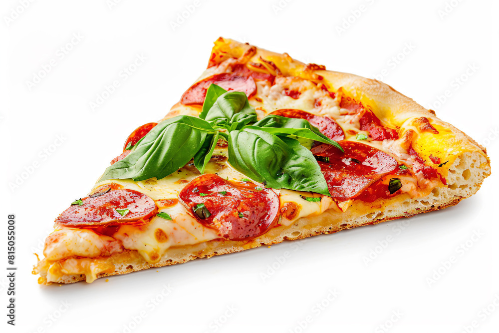 a slice of pizza with pepperoni and basil on top a slice of pizza with pepperoni and basil on top
