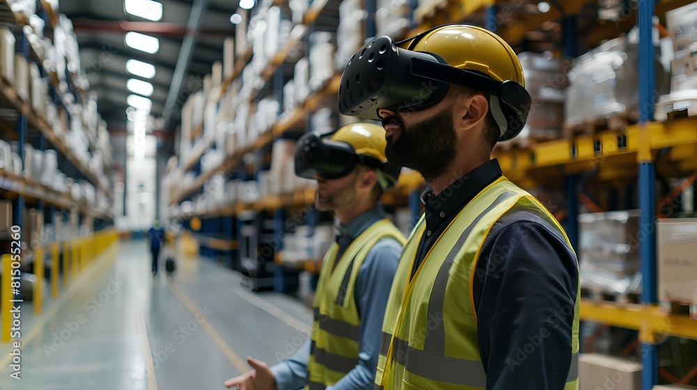 Two warehouse workers wearing virtual reality headsets work in a warehouse. Two warehouse workers wearing virtual reality headsets work in a warehouse.