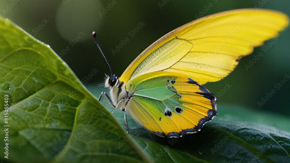 Obraz premium A vibrant yellow-green butterfly perched on a lush leaf, with a softly blurred background highlighting its delicate beauty.