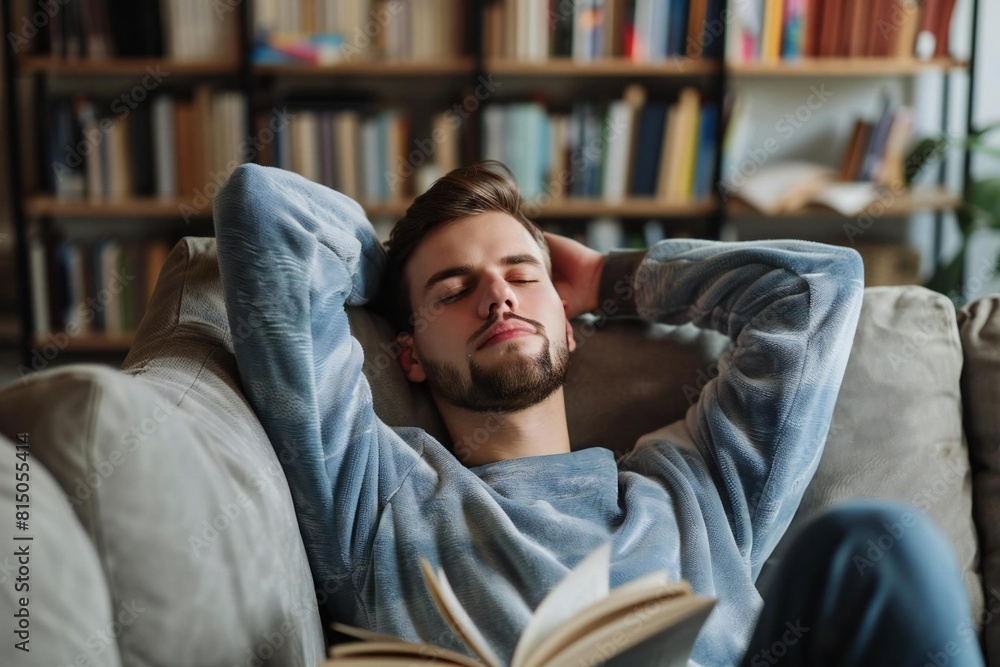 Young Caucasian man with beard Relaxing with a Good Book at Home Young Caucasian man with beard Relaxing with a Good Book at Home