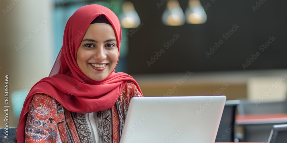 Confident Muslim woman in a red hijab happily working on a laptop in a modern office space Confident Muslim woman in a red hijab happily working on a laptop in a modern office space