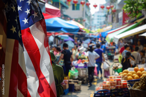 Cultural fusion for Memorial Day with a vivid American flag in the form of a praying soldier against a bustling Asian street market backdrop. photo