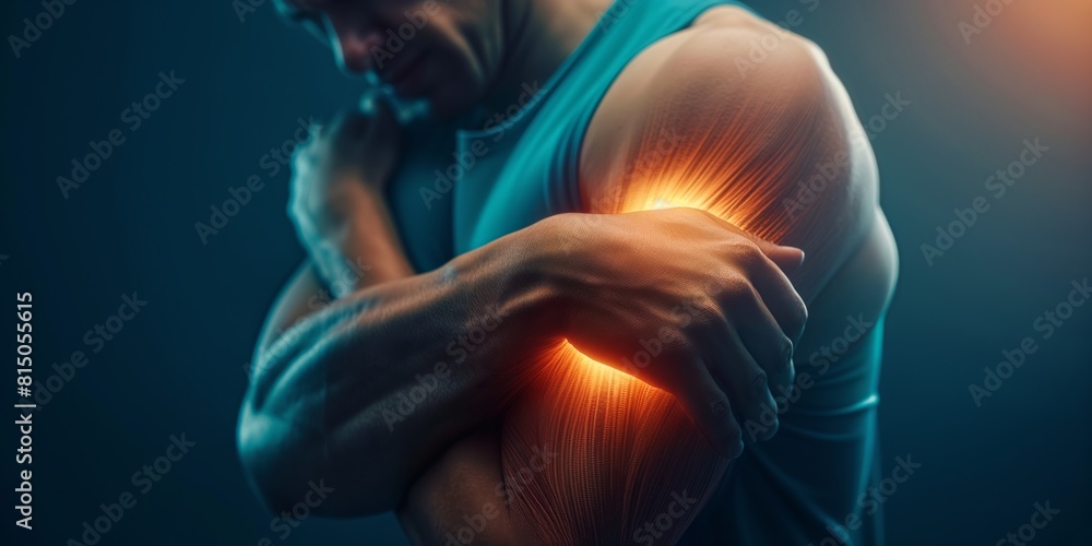 A close-up of a person clutching their shoulder, which is highlighted to indicate pain or injury, possibly suggesting muscle or joint issues A close-up of a person clutching their shoulder, which is highlighted to indicate pain or injury, possibly suggesting muscle or joint issues