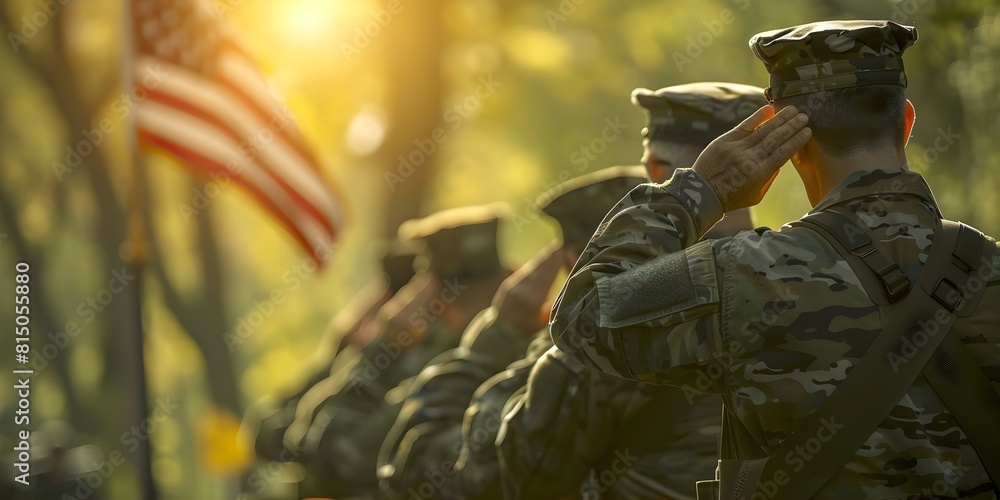 Veterans saluting flag at Memorial Day parade with blurred background ...