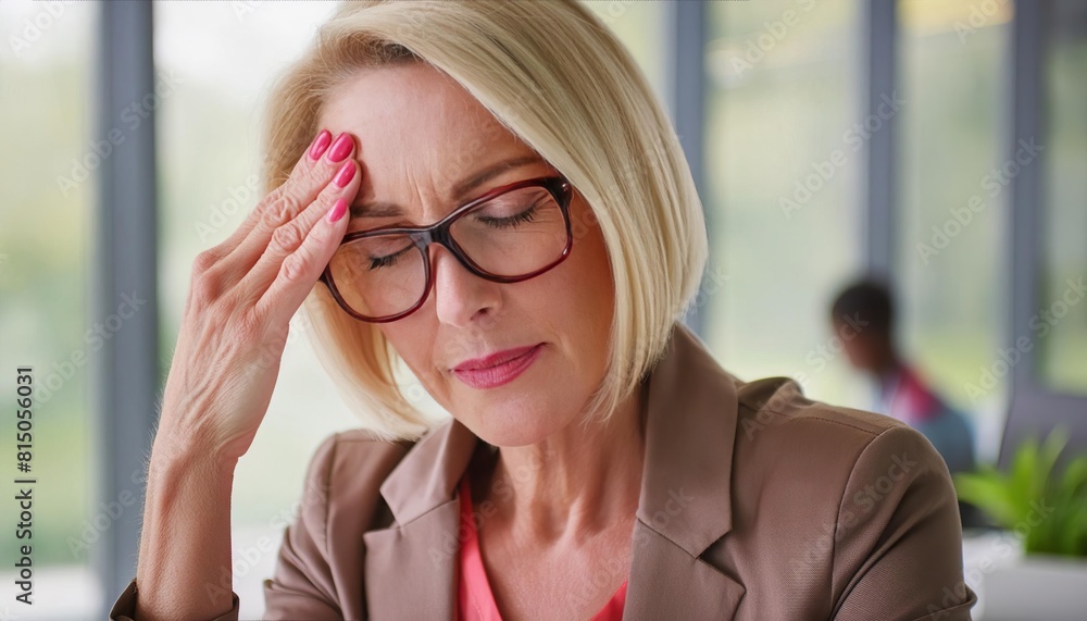 Exhausted businesswoman having a headache in modern office Exhausted businesswoman having a headache in modern office