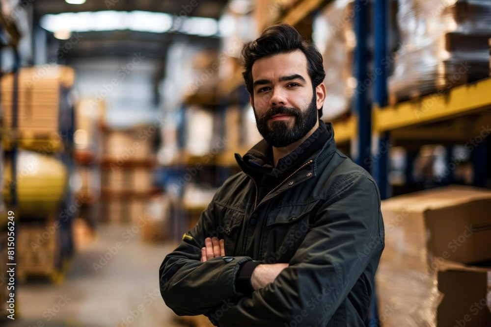Portrait of Young Caucasian Man with Beard in Warehouse with Checklist for Logistics and Distribution Portrait of Young Caucasian Man with Beard in Warehouse with Checklist for Logistics and Distribution