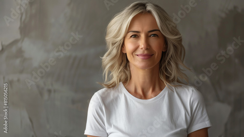 A smiling middle-aged woman wears a white blank t-shirt, offering ample space for logos or text. This white blank t-shirt mockup provides a perfect canvas for showcasing designs or messages © Glebstock