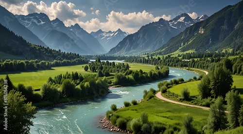 view of a river running through a lush green valley, mountains and rivers,