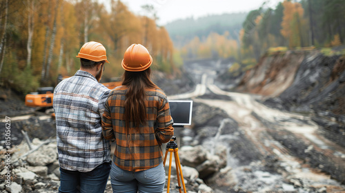 Engineers with Orange Helmets Analyzing Construction Site in Autumn Forest