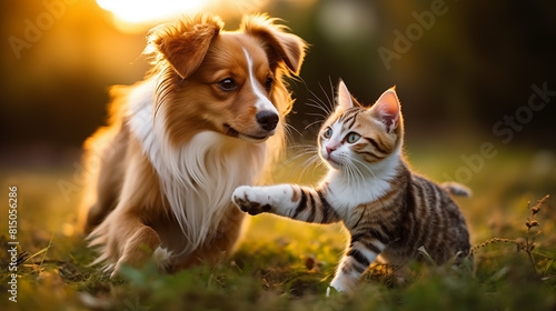 Happy pets. Cute puppy and a kitten play on the green grass  friendship concept