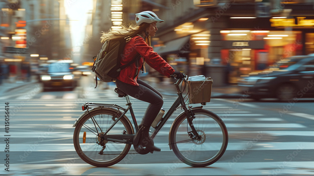 Woman in Red Jacket Cycling Fast Through Urban Street at Sunset with Blurred Moving Cars in Background Woman in Red Jacket Cycling Fast Through Urban Street at Sunset with Blurred Moving Cars in Background