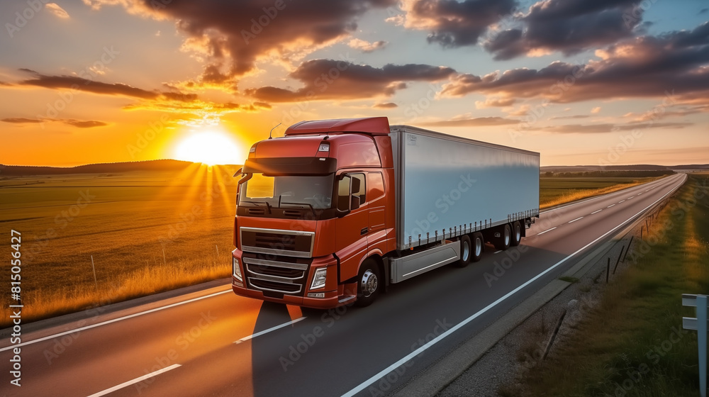 Big truck moving a highway on the sunset, concept of business and delivery industry