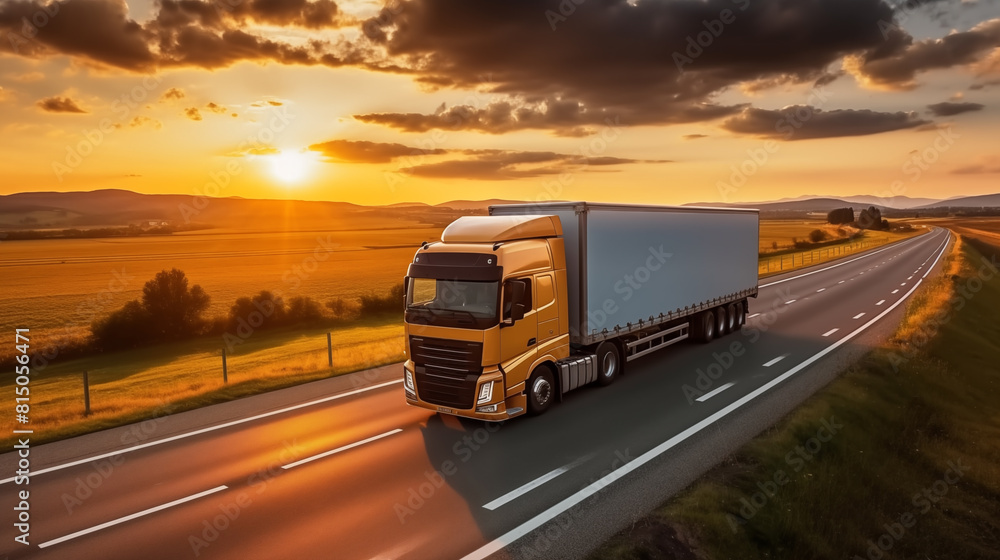 Big truck moving a highway on the sunset, concept of business and delivery industry Big truck moving a highway on the sunset, concept of business and delivery industry