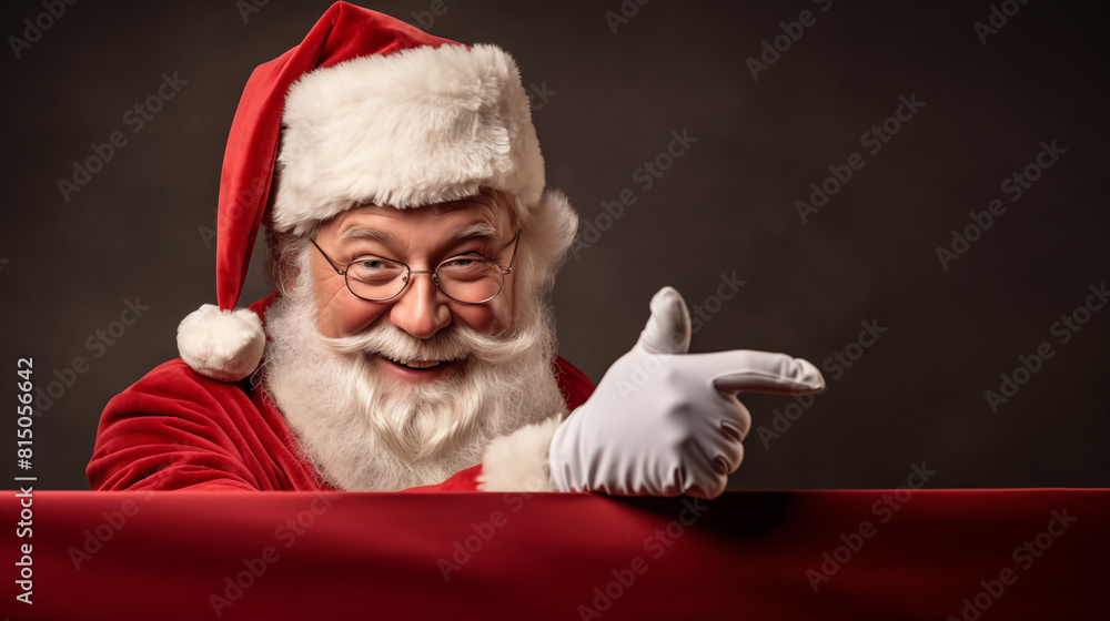 Naklejka premium Portrait of happy Santa in red Christmas robe and hat