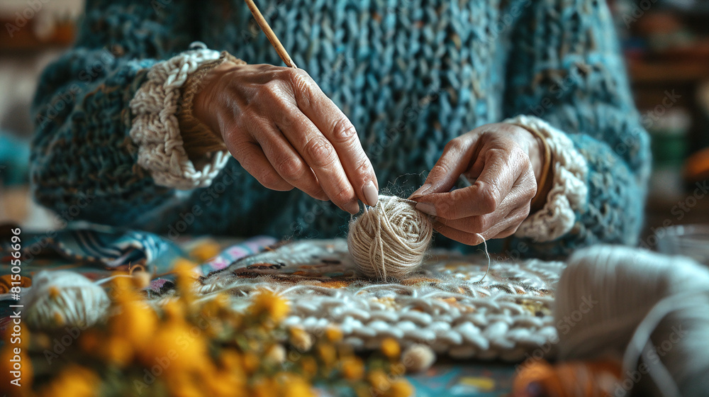 Senior Woman Handcrafting with Wool Yarn Warm Sweater Closeup Crafting Table Decor with Autumn Flowers