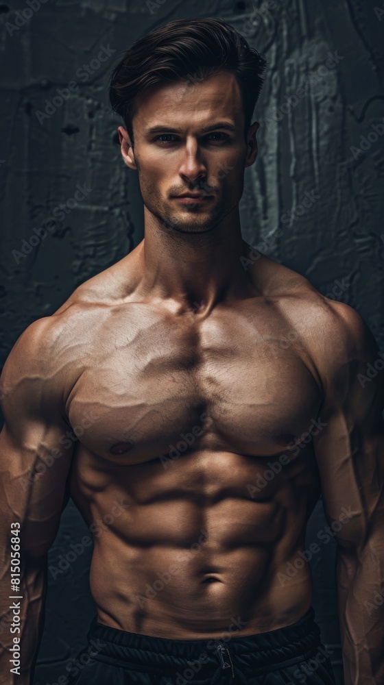 Fototapeta premium A male bodybuilder poses confidently, showcasing his muscular physique for the camera