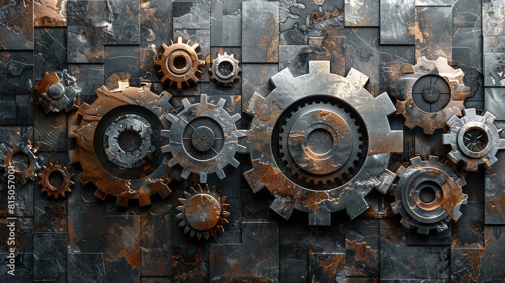 Rustic Metal Gears and Cogs on Dark Textured Background Industrial Engineering Concept