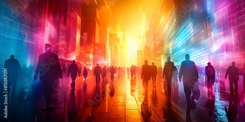 Create digital artwork of futuristic cityscape with pixelated figures symbolizing social disconnect. Concept Cityscape  Futuristic  Digital Artwork  Pixelated Figures  Social Disconnect