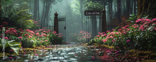 A lush garden gate opening to a rainbow path with "Enter with Pride" sign