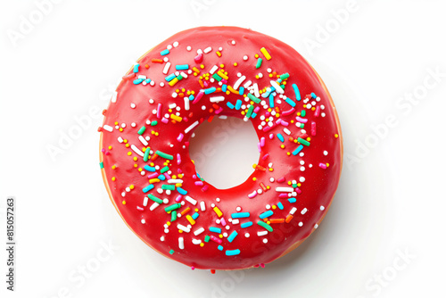 a red donut with sprinkles and colored sprinkles