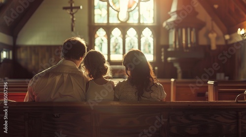 There is a dimly lit church with stained glass windows. A family of three is sitting in a pew, with their heads bowed in prayer.