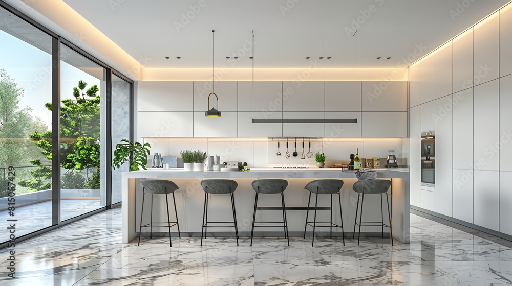 Contemporary kitchen design with an eating area and a large mockup wall, stylish bar stools and pendant lighting, 3D illustration Contemporary kitchen design with an eating area and a large mockup wall, stylish bar stools and pendant lighting, 3D illustration
