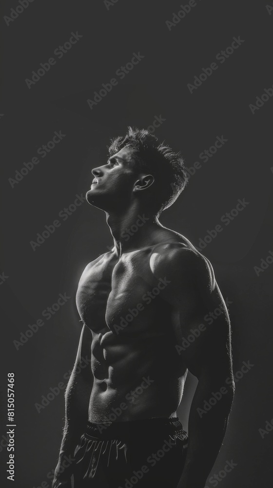 Muscular man flexing his muscles in black and white Muscular man flexing his muscles in black and white
