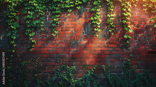 Ivy Leaves Creeping on Weathered Red Brick Wall Highlighted by Sunlight photo