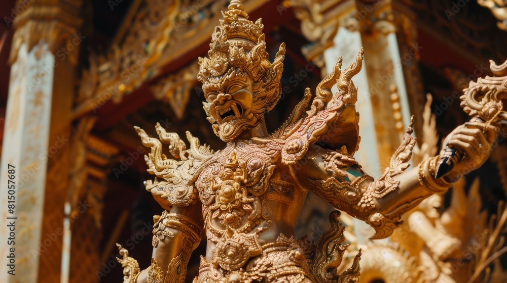 Fototapeta premium A group of people wearing gold and red costumes with a large headpiece