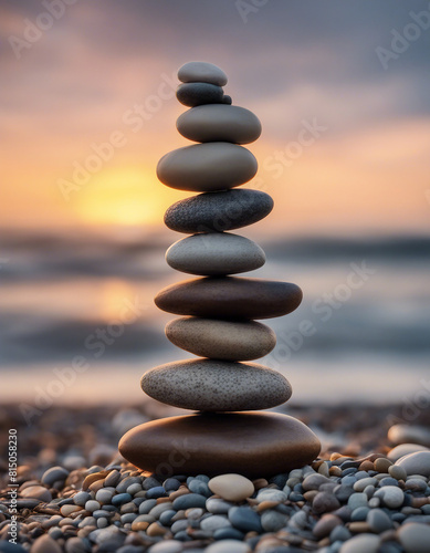 Perfect balance of stack of pebbles at seaside towards sunset 