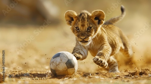 A baby lion is playing with a soccer ball