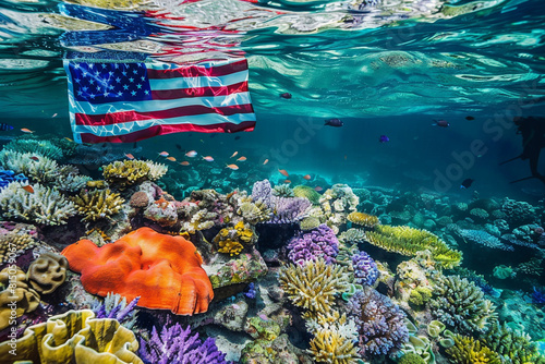 A praying soldier-shaped US flag sits atop a colorful coral reef underwater, symbolizing a marine Memorial Day tribute. photo