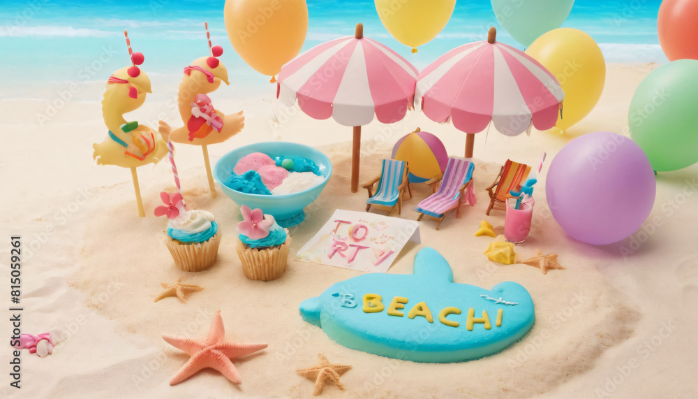 custom made wallpaper toronto digitalA small sand islet surrounded by the sea with beach and party symbols, very close view from the water, 3D rendering, social media advertising