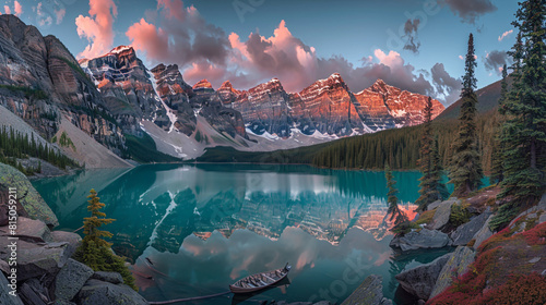 Marvel at the stunning sunrise scene of Moraine Lake, Canada, embraced by verdant forests