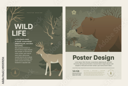 Forest animal poster design set. Wild animals in nature background vector illustration. Night wildlife landscape with grizzly bear and deer for flyer or letter. © Anastasiia Neibauer