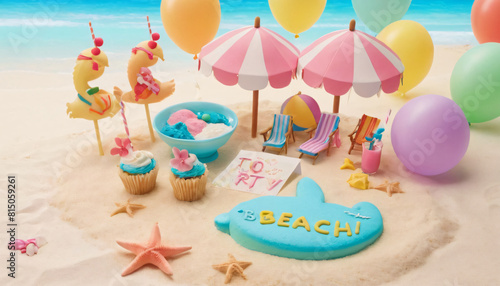 Wallpaper Mural A small sand islet surrounded by the sea with beach and party symbols, very close view from the water, 3D rendering, social media advertising Torontodigital.ca