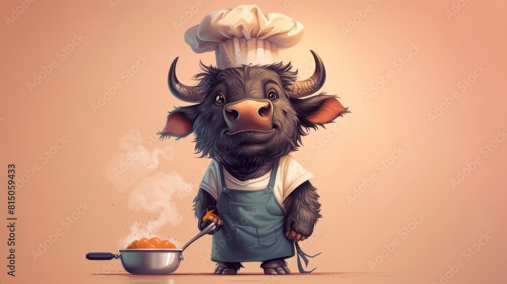 Naklejka premium A cartoon cow wearing a chef's hat and apron is cooking food