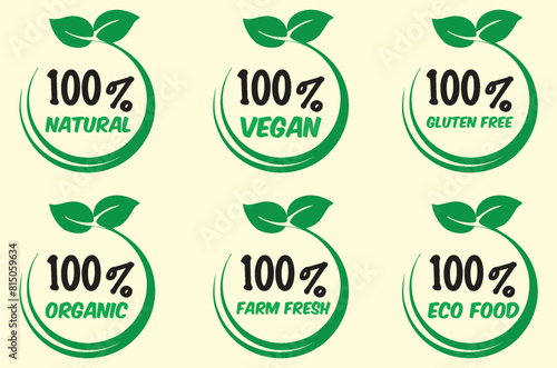 100% natural, bio, organic, gluten free, eco, healthy food labels. Hand drawn logo templates. Vintage elements for restaurant menu or organic food providers marketing idea. Editable vector, eps 10.