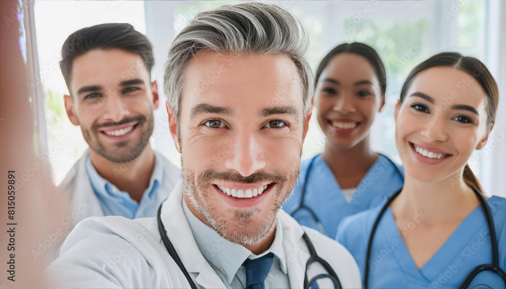 Doctor, selfie and group with smile for social media and profile picture in hospital. Healthcare, nurse staff and clinic with teamwork Doctor, selfie and group with smile for social media and profile picture in hospital. Healthcare, nurse staff and clinic with teamwork