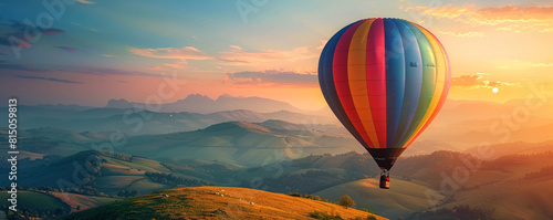 Genteel LGBTQ PRIDE banner with a vintage rainbow hot air balloon over rolling hills