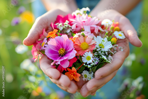 a person's hands holding a bouquet of flowers or floral arrangement, suitable for illustrating celebrations, special occasions, and gift-giving
