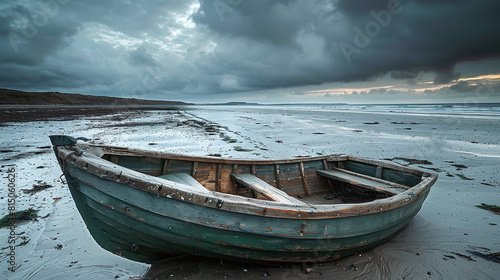 Old Green Wooden Boat on Sandy Beach with Cloudy Sky and Distant Hills in the Background