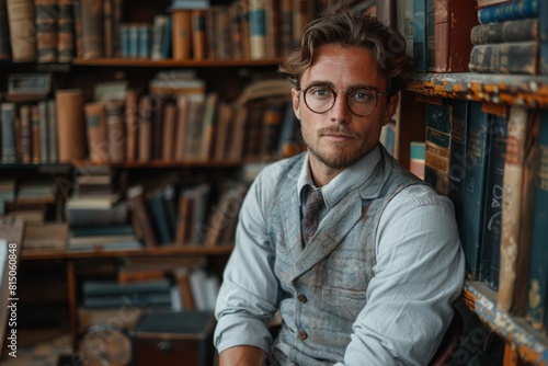 A scholarly young man in a vest and glasses stands confidently in a library filled with antique books, exuding elegance and knowledge